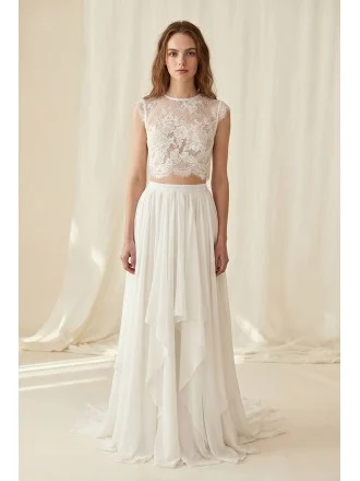 Boho Lace Two-Piece Wedding Dress with Flowing Chiffon Skirt for Beach Ceremonies