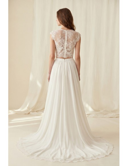 Boho Lace Two-Piece Wedding Dress with Flowing Chiffon Skirt for Beach Ceremonies