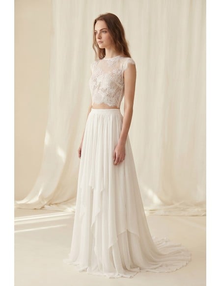 Boho Lace Two-Piece Wedding Dress with Flowing Chiffon Skirt for Beach Ceremonies