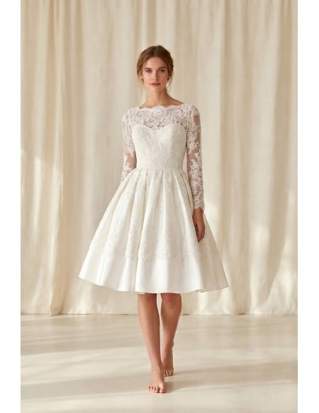 Vintage Lace Tea-Length Wedding Dress with Long Sleeves for Courthouse Ceremonies