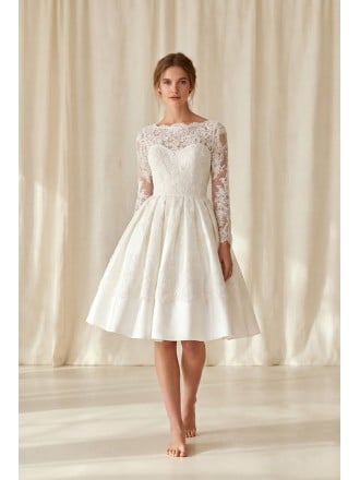 Vintage Lace Tea-Length Wedding Dress with Long Sleeves for Courthouse Ceremonies