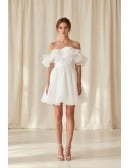 Off-Shoulder Ruffle Short Wedding Dress for a Chic Courthouse Bridal Look