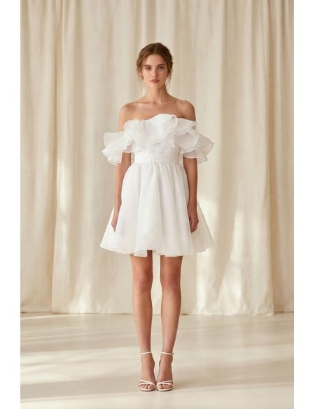 Off-Shoulder Ruffle Short Wedding Dress for a Chic Courthouse Bridal Look