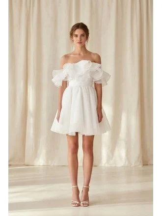 Off-Shoulder Ruffle Short Wedding Dress for a Chic Courthouse Bridal Look
