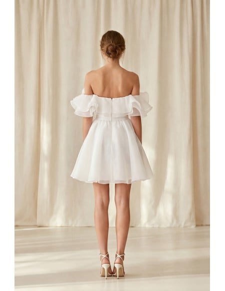 Off-Shoulder Ruffle Short Wedding Dress for a Chic Courthouse Bridal Look