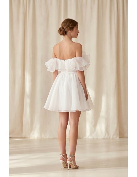 Off-Shoulder Ruffle Short Wedding Dress for a Chic Courthouse Bridal Look