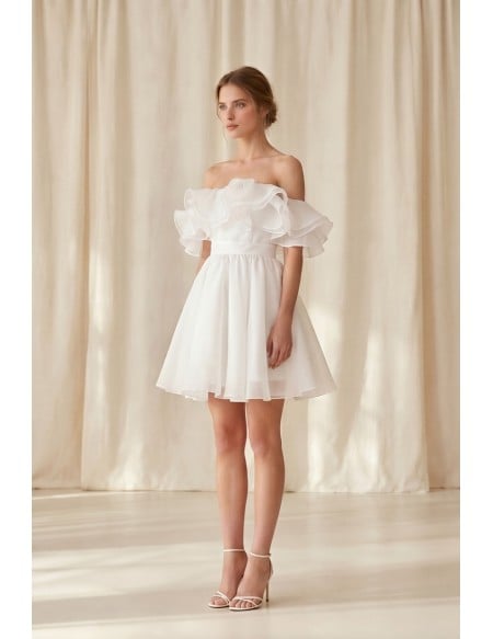 Off-Shoulder Ruffle Short Wedding Dress for a Chic Courthouse Bridal Look