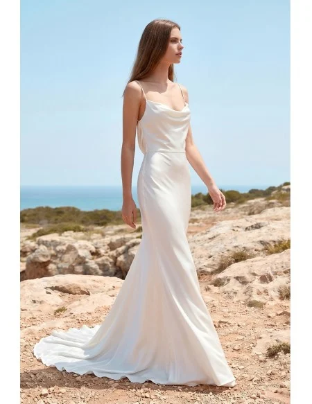 Minimalist Satin Cowl-Neck Wedding Dress with Low Back for Beach or Outdoor Ceremonies