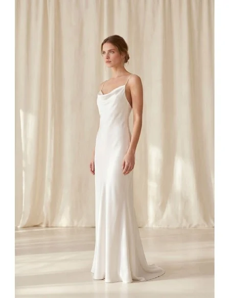 Minimalist Satin Slip Wedding Dress with Cowl Neck and Open Back for Courthouse Ceremonies