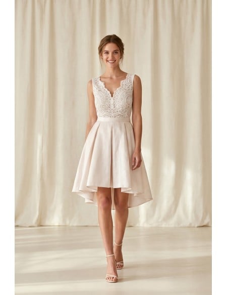 Short Lace-Bodice High-Low Wedding Dress for Romantic Courthouse Ceremonies
