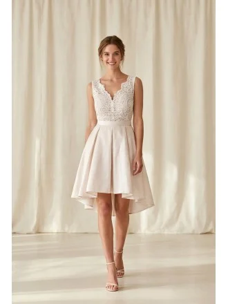 Short Lace-Bodice High-Low Wedding Dress for Romantic Courthouse Ceremonies
