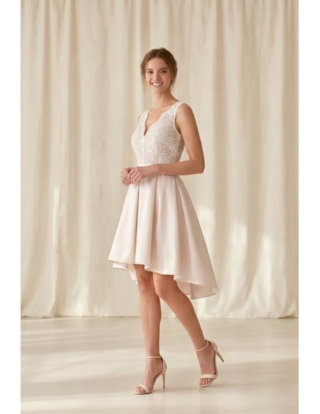 Short Lace-Bodice High-Low Wedding Dress for Romantic Courthouse Ceremonies