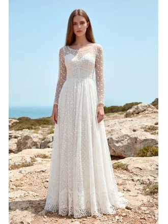 Boho Long-Sleeve Lace Wedding Dress with Deep V-Back for Outdoor Beach Ceremonies