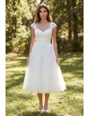 Vintage Lace Tea-Length Wedding Dress with Cap Sleeves for Outdoor Garden Ceremonies