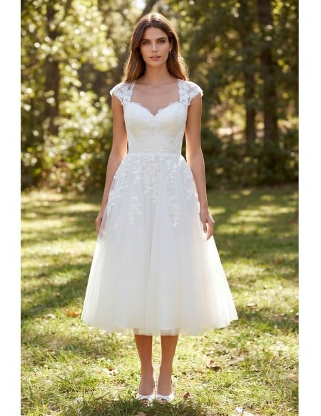 Vintage Lace Tea-Length Wedding Dress with Cap Sleeves for Outdoor Garden Ceremonies