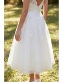 Vintage Lace Tea-Length Wedding Dress with Cap Sleeves for Outdoor Garden Ceremonies