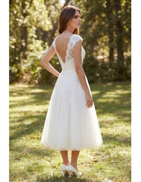 Vintage Lace Tea-Length Wedding Dress with Cap Sleeves for Outdoor Garden Ceremonies