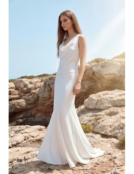 Minimalist Satin Cowl Neck Wedding Dress for Modern Beach or Seaside Ceremonies