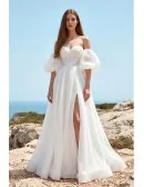 Off-Shoulder Puffy Sleeve Wedding Dress with Front Slit for Romantic Beach Ceremonies
