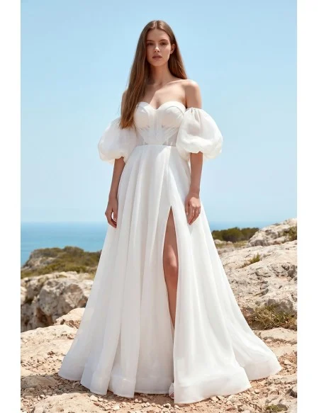 Off-Shoulder Puffy Sleeve Wedding Dress with Front Slit for Romantic Beach Ceremonies