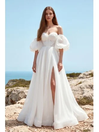 Off-Shoulder Puffy Sleeve Wedding Dress with Front Slit for Romantic Beach Ceremonies