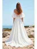 Off-Shoulder Puffy Sleeve Wedding Dress with Front Slit for Romantic Beach Ceremonies