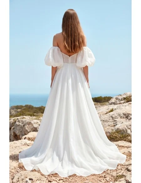 Off-Shoulder Puffy Sleeve Wedding Dress with Front Slit for Romantic Beach Ceremonies