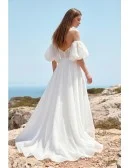 Off-Shoulder Puffy Sleeve Wedding Dress with Front Slit for Romantic Beach Ceremonies