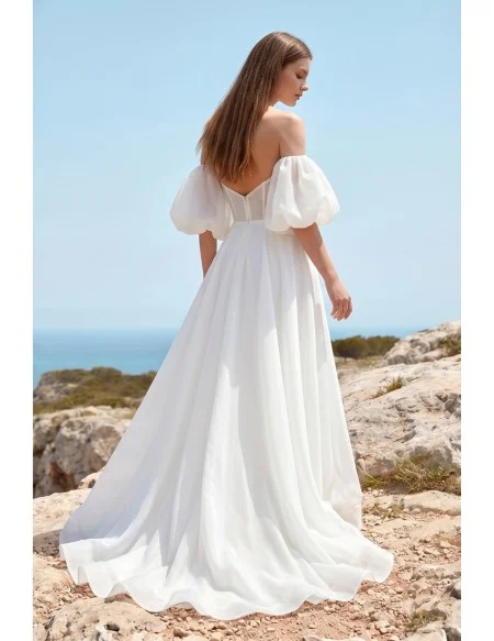 Off-Shoulder Puffy Sleeve Wedding Dress with Front Slit for Romantic Beach Ceremonies