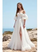 Off-Shoulder Puffy Sleeve Wedding Dress with Front Slit for Romantic Beach Ceremonies