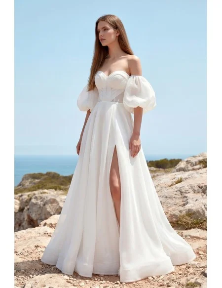 Off-Shoulder Puffy Sleeve Wedding Dress with Front Slit for Romantic Beach Ceremonies