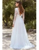 Long Sleeve Lace A-Line Wedding Dress with V-Back for Romantic Garden Ceremonies