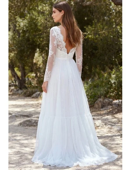 Long Sleeve Lace A-Line Wedding Dress with V-Back for Romantic Garden Ceremonies