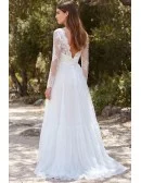 Long Sleeve Lace A-Line Wedding Dress with V-Back for Romantic Garden Ceremonies