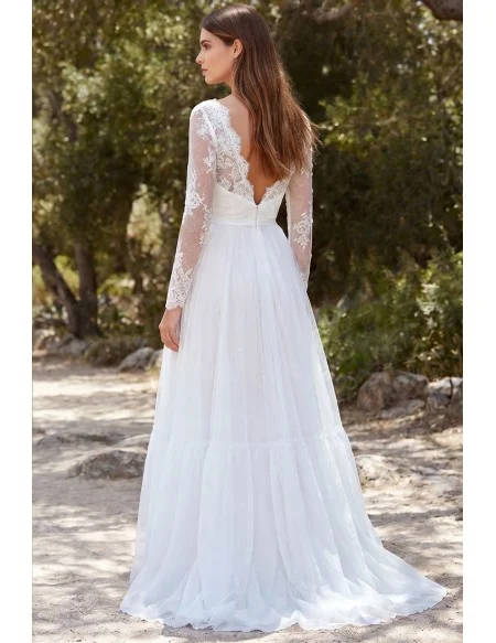 Long Sleeve Lace A-Line Wedding Dress with V-Back for Romantic Garden Ceremonies