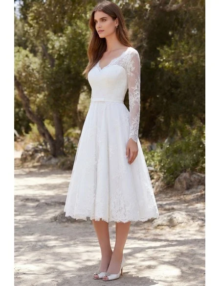 Long Sleeve Lace A-Line Wedding Dress with V-Back for Romantic Garden Ceremonies