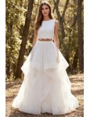 Boho Two-Piece Lace Crop Top Wedding Dress with Layered Tulle Skirt for Outdoor Ceremonies