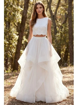 Boho Two-Piece Lace Crop Top Wedding Dress with Layered Tulle Skirt for Outdoor Ceremonies