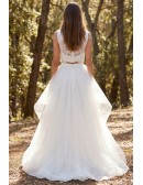 Boho Two-Piece Lace Crop Top Wedding Dress with Layered Tulle Skirt for Outdoor Ceremonies