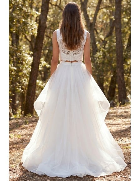 Boho Two-Piece Lace Crop Top Wedding Dress with Layered Tulle Skirt for Outdoor Ceremonies