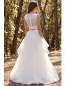 Boho Two-Piece Lace Crop Top Wedding Dress with Layered Tulle Skirt for Outdoor Ceremonies