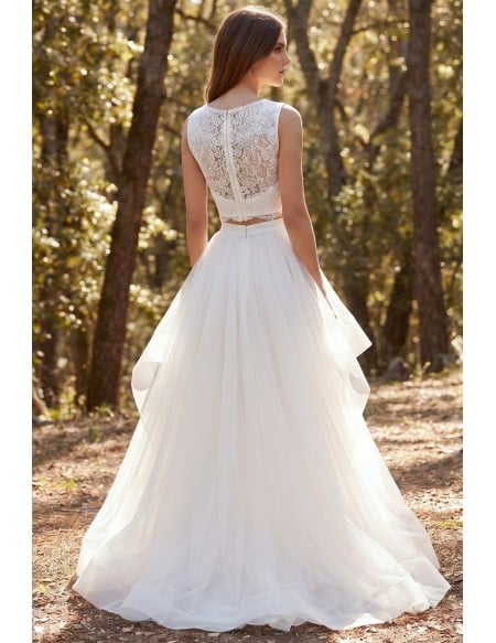 Boho Two-Piece Lace Crop Top Wedding Dress with Layered Tulle Skirt for Outdoor Ceremonies