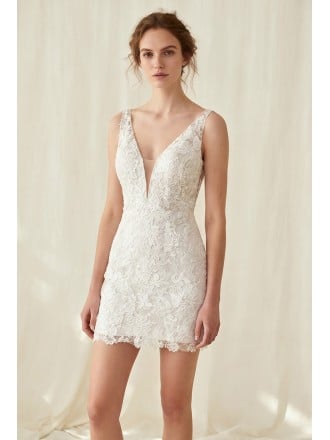 Short Lace V-Neck Wedding Dress for Courthouse or Elopement Brides