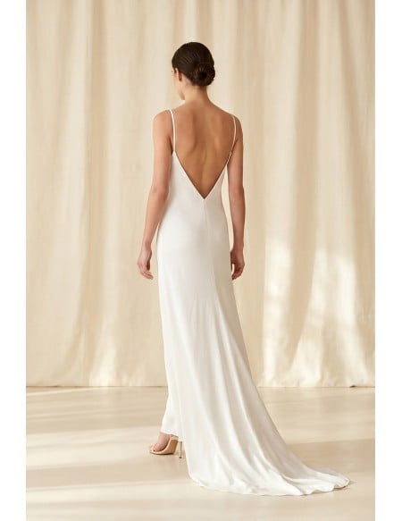 Minimalist Satin Slip Wedding Dress with Deep V Back for Modern Courthouse Brides