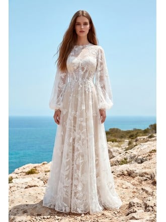 Boho Lace Long-Sleeve A-Line Wedding Dress for Effortless Beach Ceremonies