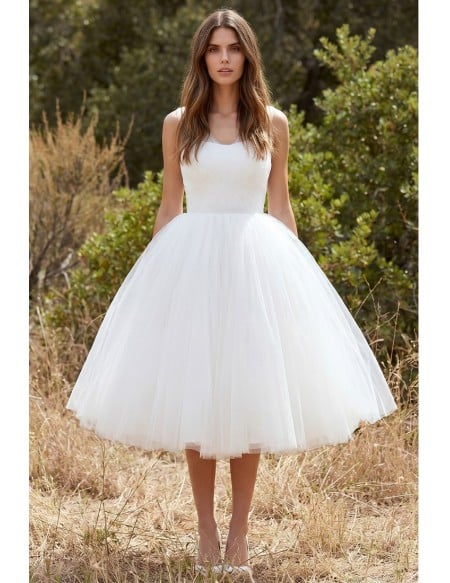 Tea-Length Tulle A-Line Wedding Dress with Scoop Neck for Outdoor Elopements