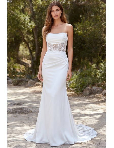 Strapless Lace Corset Satin Wedding Dress for an Outdoor Garden Ceremony