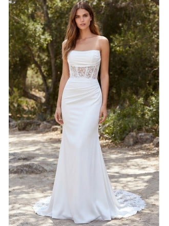 Strapless Lace Corset Satin Wedding Dress for an Outdoor Garden Ceremony