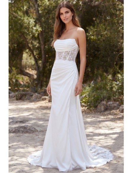 Strapless Lace Corset Satin Wedding Dress for an Outdoor Garden Ceremony