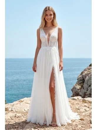 Boho Lace Plunge Wedding Dress with Front Slit for Effortless Beach Ceremonies